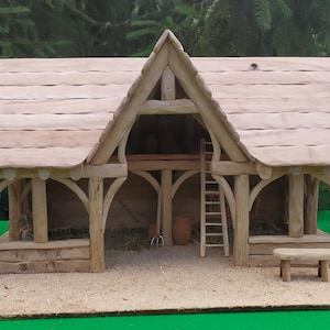 Illuminated "Sologne wooden roof" handcrafted nativity scene, with its accessories, sustainable gift, handmade gift, stable for the santons