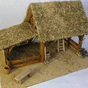 Crèche RACHEL éclairée, artisanale en hêtre, éclairée, étable pour les santons, bergerie, fermette miniature, grange, cadeau de Noël, image 10