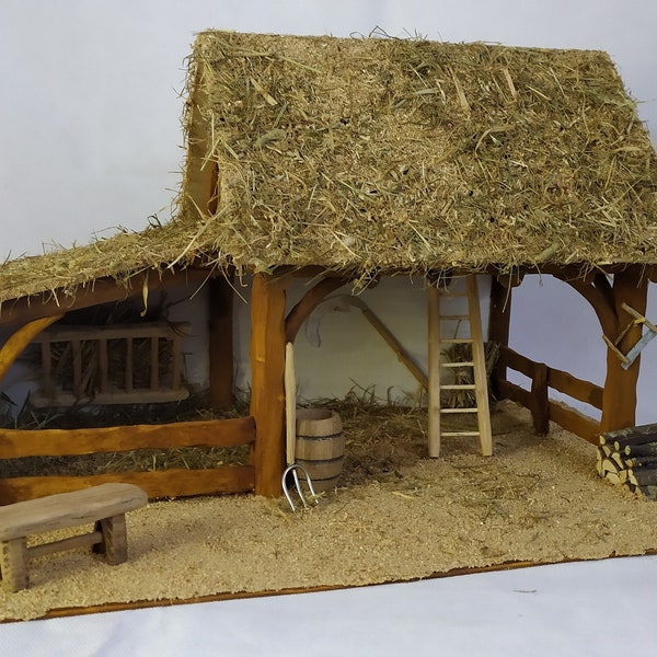 Beleuchtete RACHEL-Krippe, handgefertigt aus Buche, beleuchtet, Stall für Figuren, Schafstall, Miniatur-Bauernhaus, Scheune, Weihnachtsgeschenk,