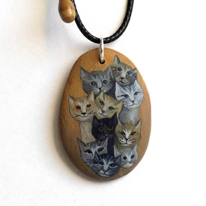 Painted stone pendant CATS acrylic painting unique signed piece CHB 008