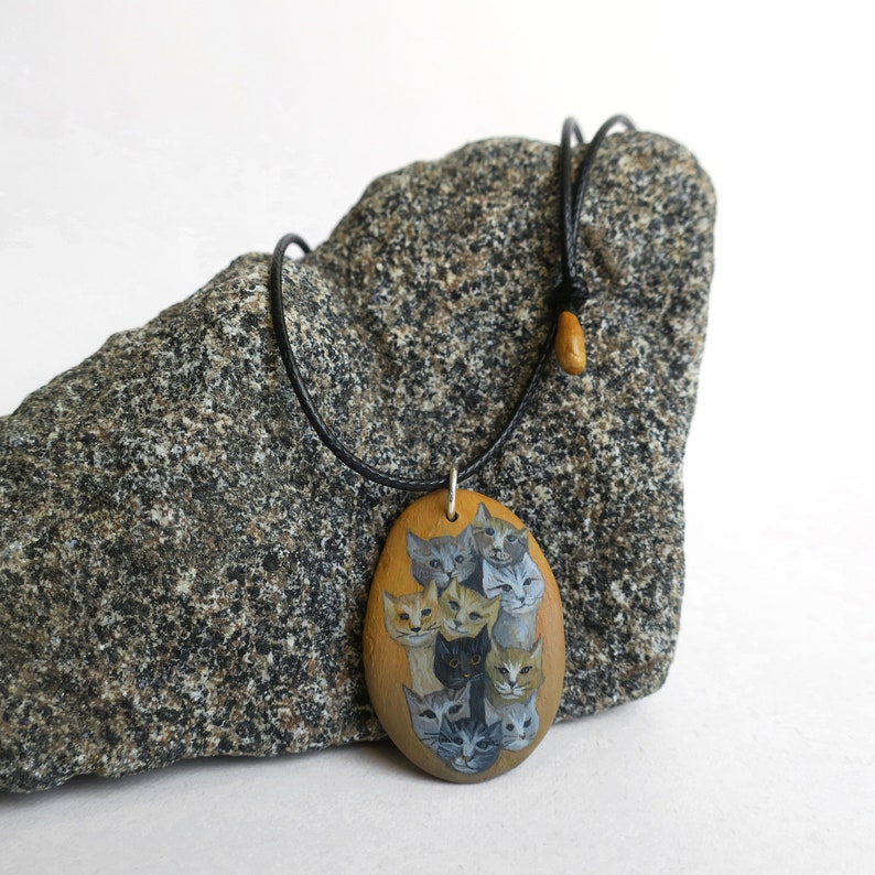 Painted stone pendant CATS acrylic painting unique signed piece CHB 008
