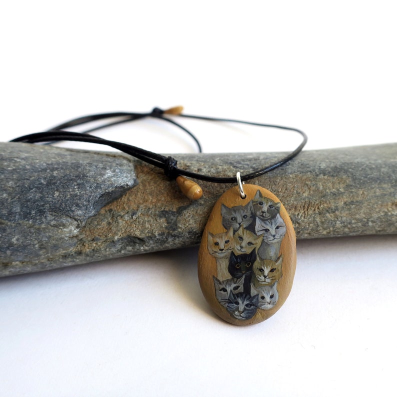 Painted stone pendant CATS acrylic painting unique signed piece CHB 008