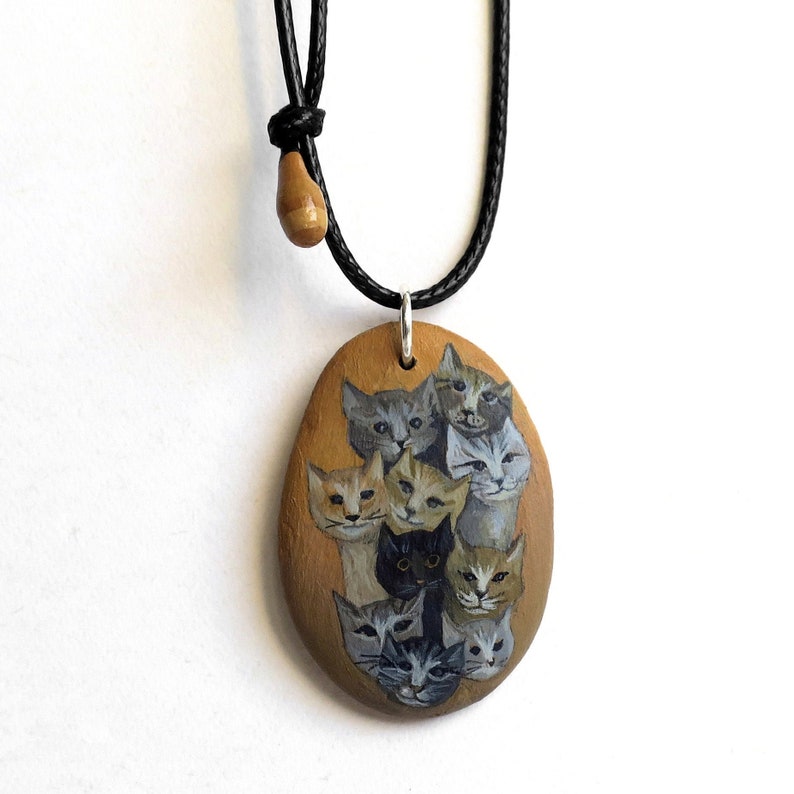 Painted stone pendant CATS acrylic painting unique signed piece CHB 008