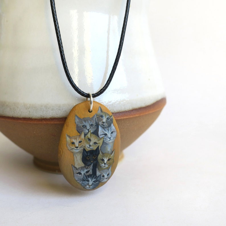 Painted stone pendant CATS acrylic painting unique signed piece CHB 008