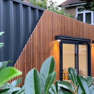 Op de afbeelding: Een moderne, met hout beklede buitenkant met een zwarte deur en twee zwarte buitenlampen. De houten panelen zijn verticaal gerangschikt. De deur heeft een glazen paneel en is zwart omlijst. De lampen zijn aan de muur gemonteerd en geven een warm licht.