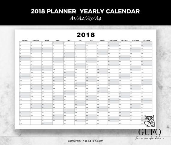 2018 Planner Yearly Calendar Printable Planner Calendar