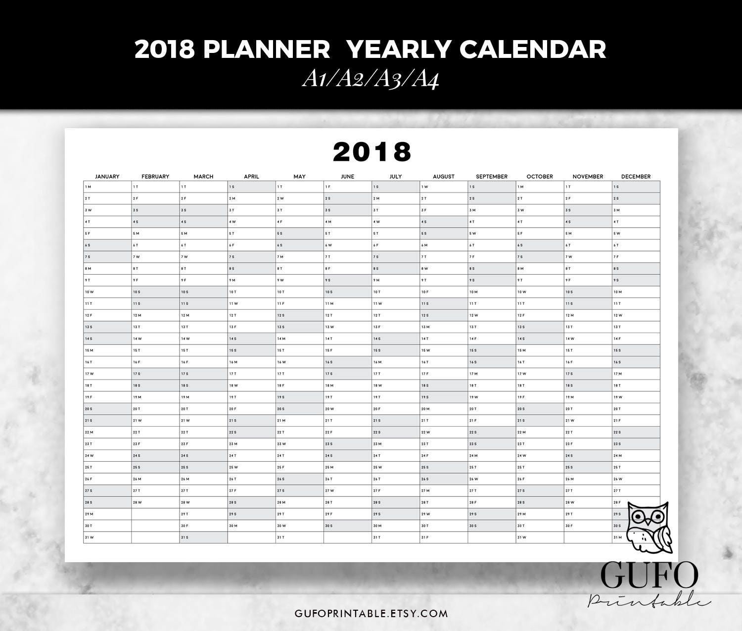 2018 Planner Yearly Calendar Printable Planner Calendar