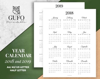 Year Calendar Printable 2018/2019, Year at a Glance, Yearly Agenda, Half Letter Size, Filofax A5, A4, Sunday Start/Monthly Planner