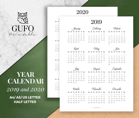 Year Calendar Printable 2019 2020 Year At A Glance Yearly