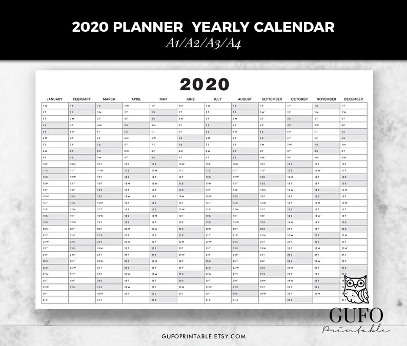 2020planner yearly calendar printable planner calendar 2020 etsy