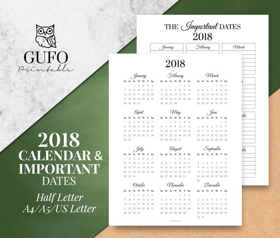 Yearly Calendar 18 Important Dates 18 Etsy