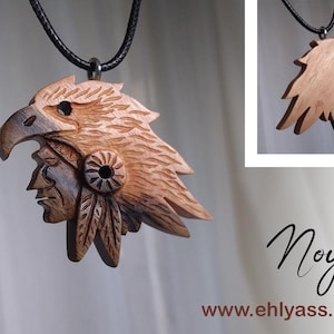 Holzamulett oder Schlüsselanhänger Indischer Schamane Totem Adler handgefertigt von Ehlyass