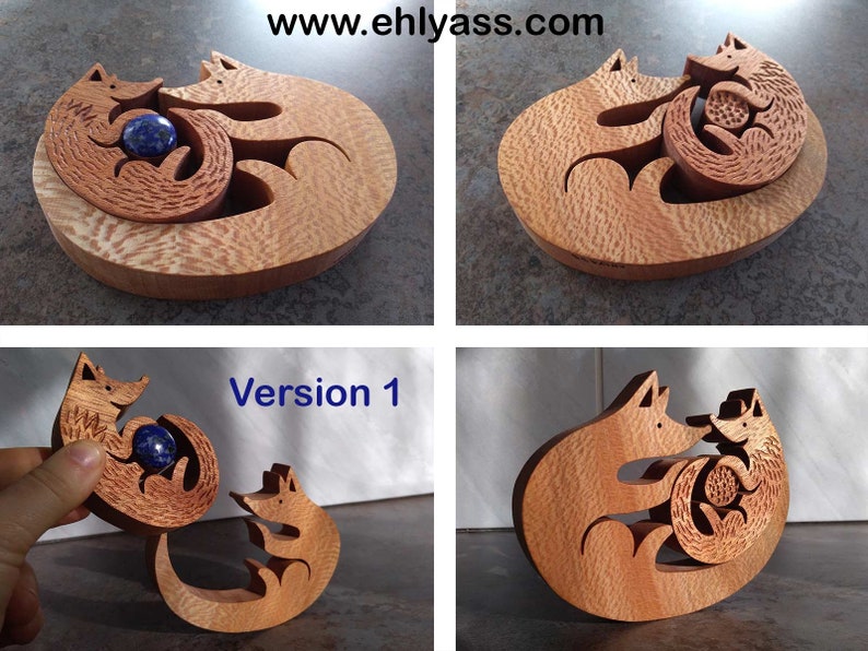 Houten sculptuur Ouder en kind Spelende wolven/vossen handgemaakt door Ehlyass afbeelding 6