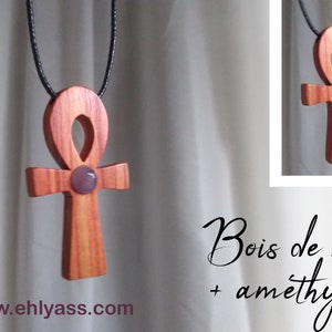 Amulet lub wisiorek z drewna i kamienia ANKH, ręcznie robiony egipski krzyż życia autorstwa Ehlyassa