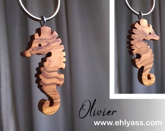 Handmade seahorse number 1 wooden keyring by Ehlyass