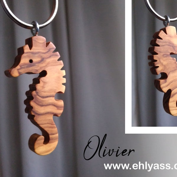 Handmade seahorse number 1 wooden keyring by Ehlyass