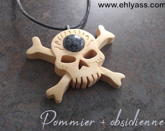 Houten hanger amulet + obsidiaan Handgemaakte piratenschedel van Ehlyass