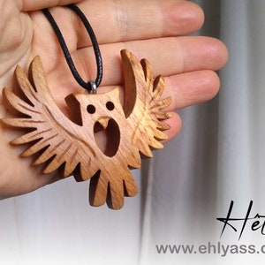 Handmade carved wooden owl amulet by Ehlyass