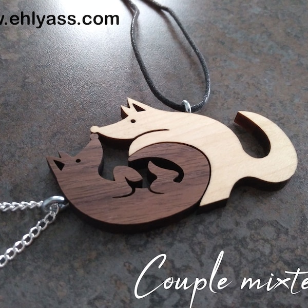 Pendentifs Loups / renards amoureux en découpe laser, design Ehlyass