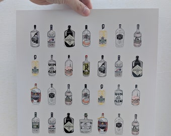 Gin A3 Art Print, Gin Artwork, Gin Poster, Gin Bottles Illustration, Food and drink print, Gin Drawing, Gin and Tonic Print, A3 Fine Art,