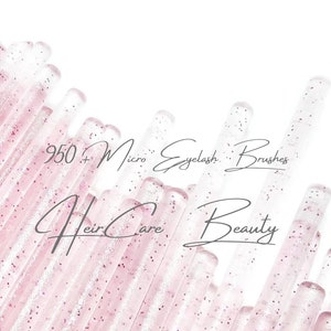 May include: A close-up of a pile of clear, pink glitter-filled applicators. The text "950+ Micro Eyelash Brushes" is visible in the image. The text "Hair Care Beauty" is also visible in the image.