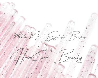 May include: A close-up of a pile of clear, pink glitter-filled applicators. The text "950+ Micro Eyelash Brushes" is visible in the image. The text "Hair Care Beauty" is also visible in the image.