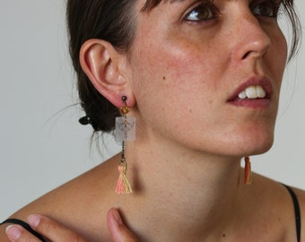 Flexible dangl earrings; interchangeable jewelry, three-in-one jewelry, hand-drawn, beige,coral - Made By Bee