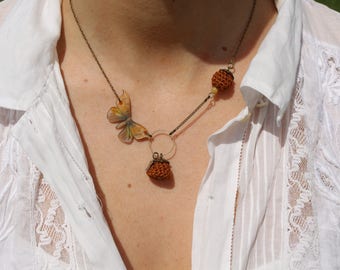 Boho-style asymmetrical mid-length necklace, beaded jewelry, crochet jewelry, hand-drawn, butterfly, ochre, brown, MADE BY BEE