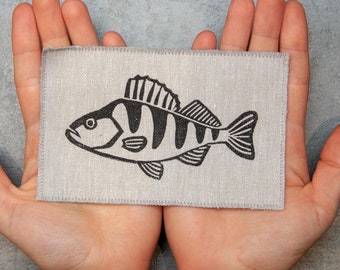 Hand-Printed Perch Patch: Denim Fish Applique, Iron-On or Sew-On
