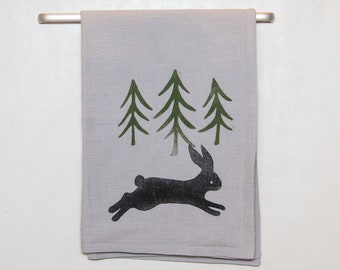 Cotton Tea Towel with Block Printed  Rabbit and Spruce forest