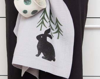 Hand printed Cotton Gauze Tea Towel with Spruce trees and Sitting Rabbit