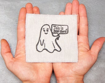 Linocut printed Cute Ghost Patch // hand-printed 'This is Boo Sheet' sew on or iron on patch // funny statement patch