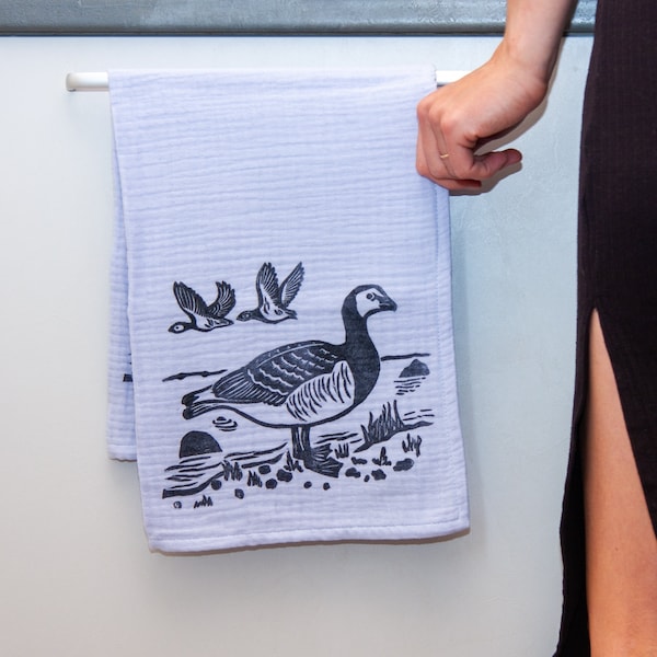 Block Printed Goose Tea Towel // Triple Gauze Kitchen Cloth // Barnacle Goose print