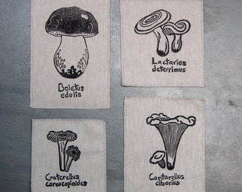 Block Printed Mushroom Patch // sew-on or iron-on // Chanterelle, Cep or Milkcap linocut canvas patch