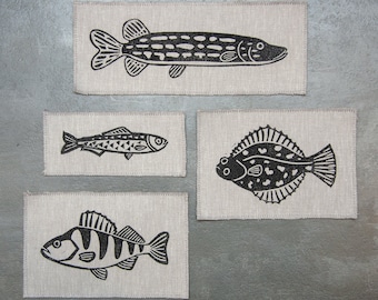 Block Printed Fish Patch Set: Set of Four Applique - Pike, Flounder, Perch, Spratt