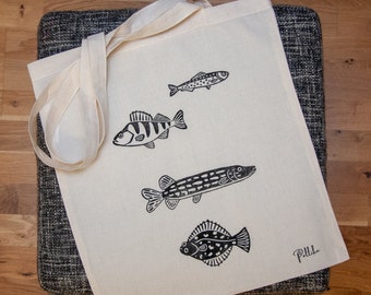 Fish Tote Bag // Lightweight linocut printed cotton shopping bag