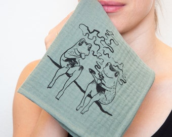 Cotton Gauze Napkin // Screen Printed Fingertip Towel // Frog Napkin Set