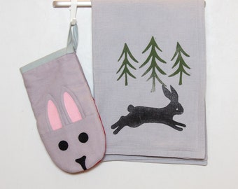 Tea towel and Oven mitt Set- Rabbit oven mitt and hand printed thick cotton tea towel with hare and spruce trees