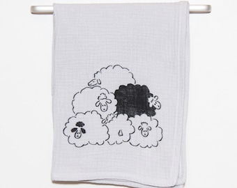 Sheep Tea Towel // Hand-printed Muslin Kitchen towel // Stencil Printed Sheep