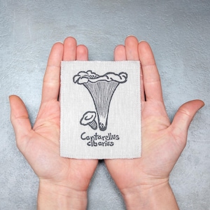 Może przedstawiać: Biały kwadratowy kawałek tkaniny lnianej z czarno-białym rysunkiem kurki. Pod grzybem nadrukowany jest tekst "Cantharellus cibarius".