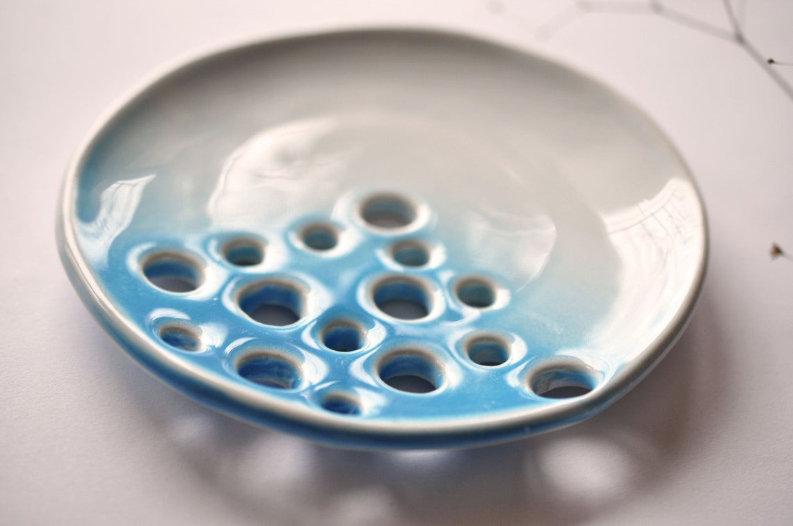 Blue Ceramic soap dish with round holes for crafted soaps Etsy