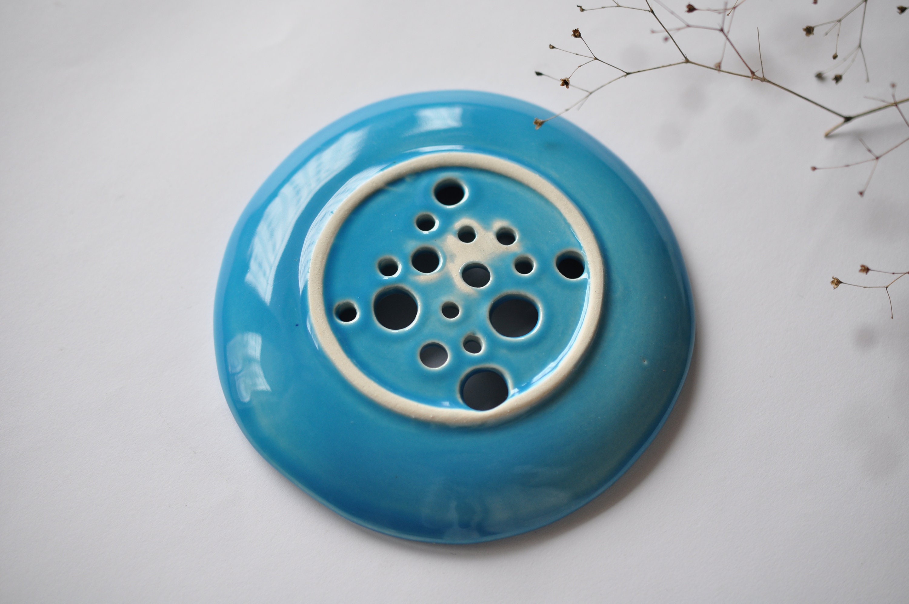 Blue Ceramic soap dish For bathroom with round holes Gift on Etsy
