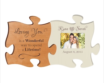 Custom Puzzle Piece Photo Frame, Anniversary Picture Frame, Great Wedding Gift, "Loving you is a wonderful way to spend a lifetime."