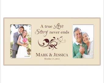 Personalized Wedding Frame, Anniversary Frame, Double 4 x 6 Photo Frame, "A true Love Story never ends" Laser Engraved, Great Gift