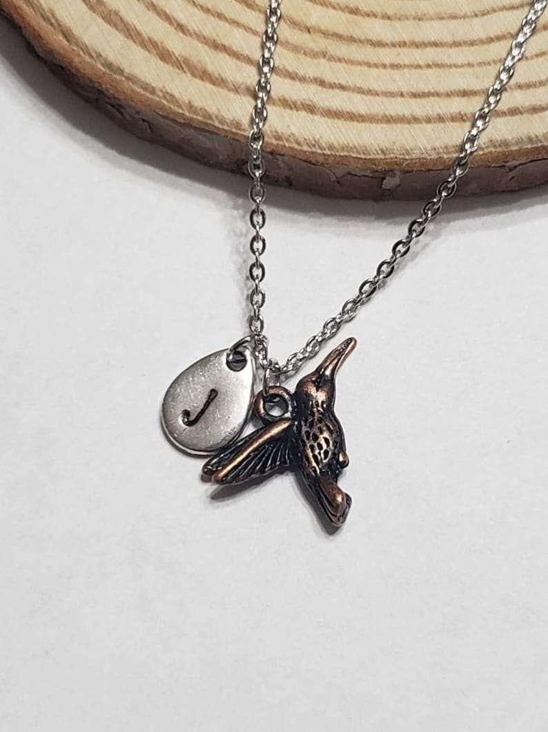 Silver or Copper Hummingbird Necklace with Initial