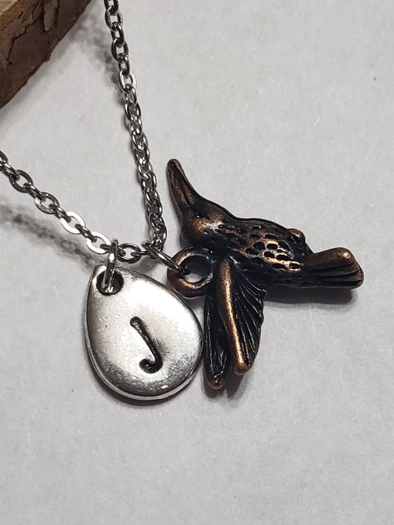 Silver or Copper Hummingbird Necklace with Initial