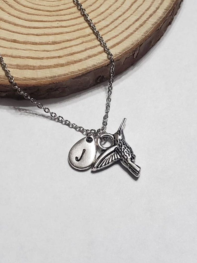 Silver or Copper Hummingbird Necklace with Initial