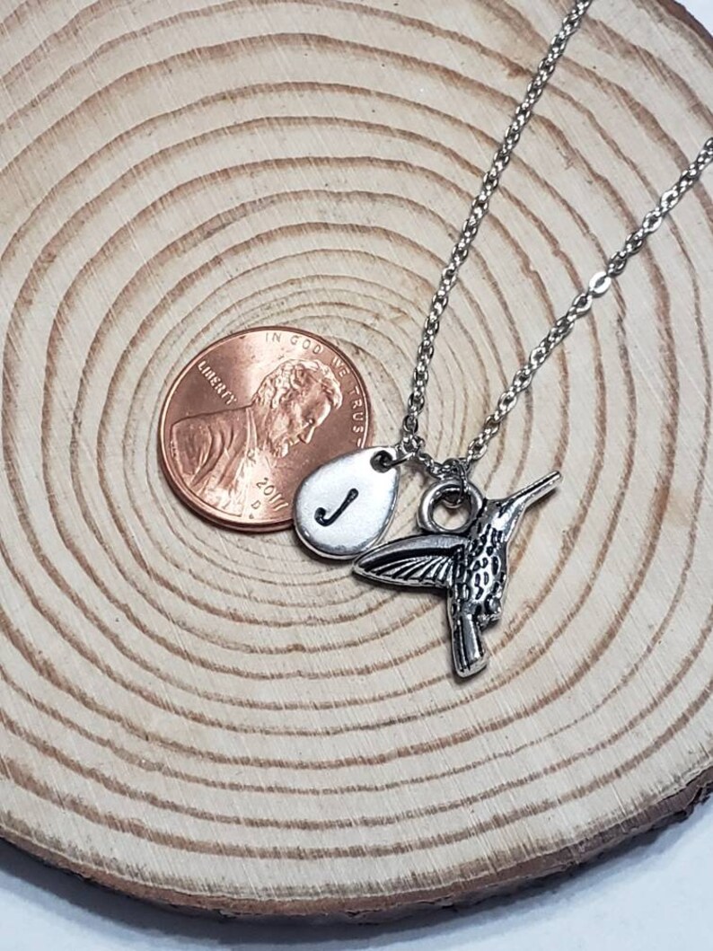 Silver or Copper Hummingbird Necklace with Initial