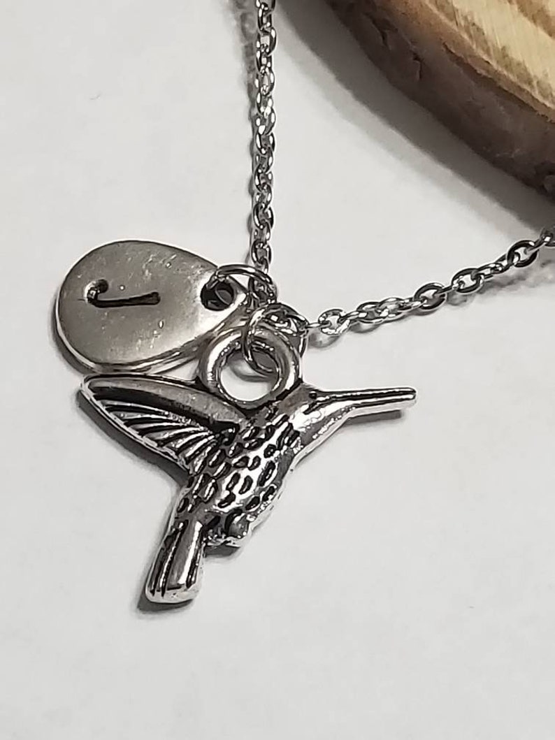 Silver or Copper Hummingbird Necklace with Initial