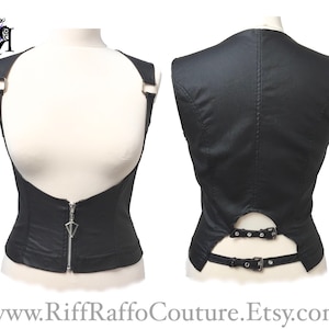 Black Leather-look Underbust Zipped Waistcoat Vest Handmade Gothic Rock Burlesque